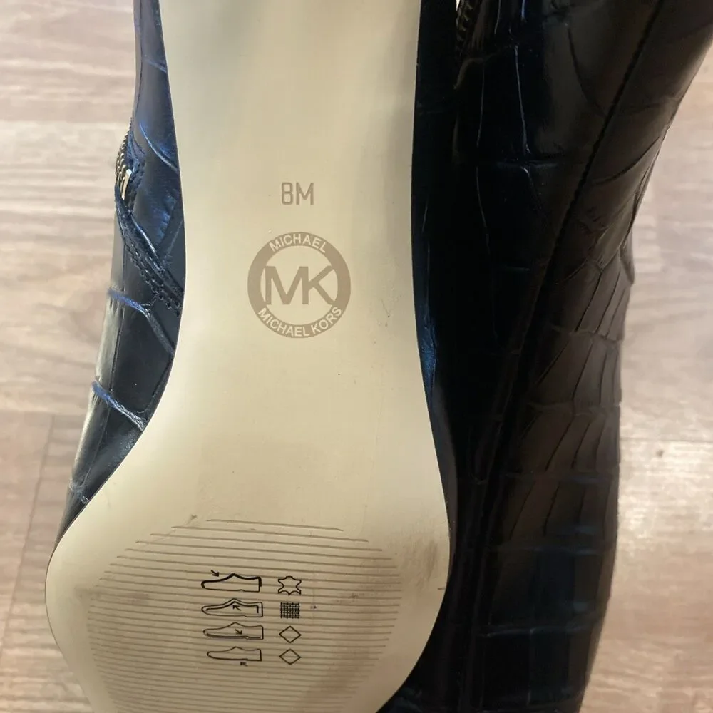 Michael Kors Cosmo Croc Leather Kitten Heel ankle Booties Black size 8 New